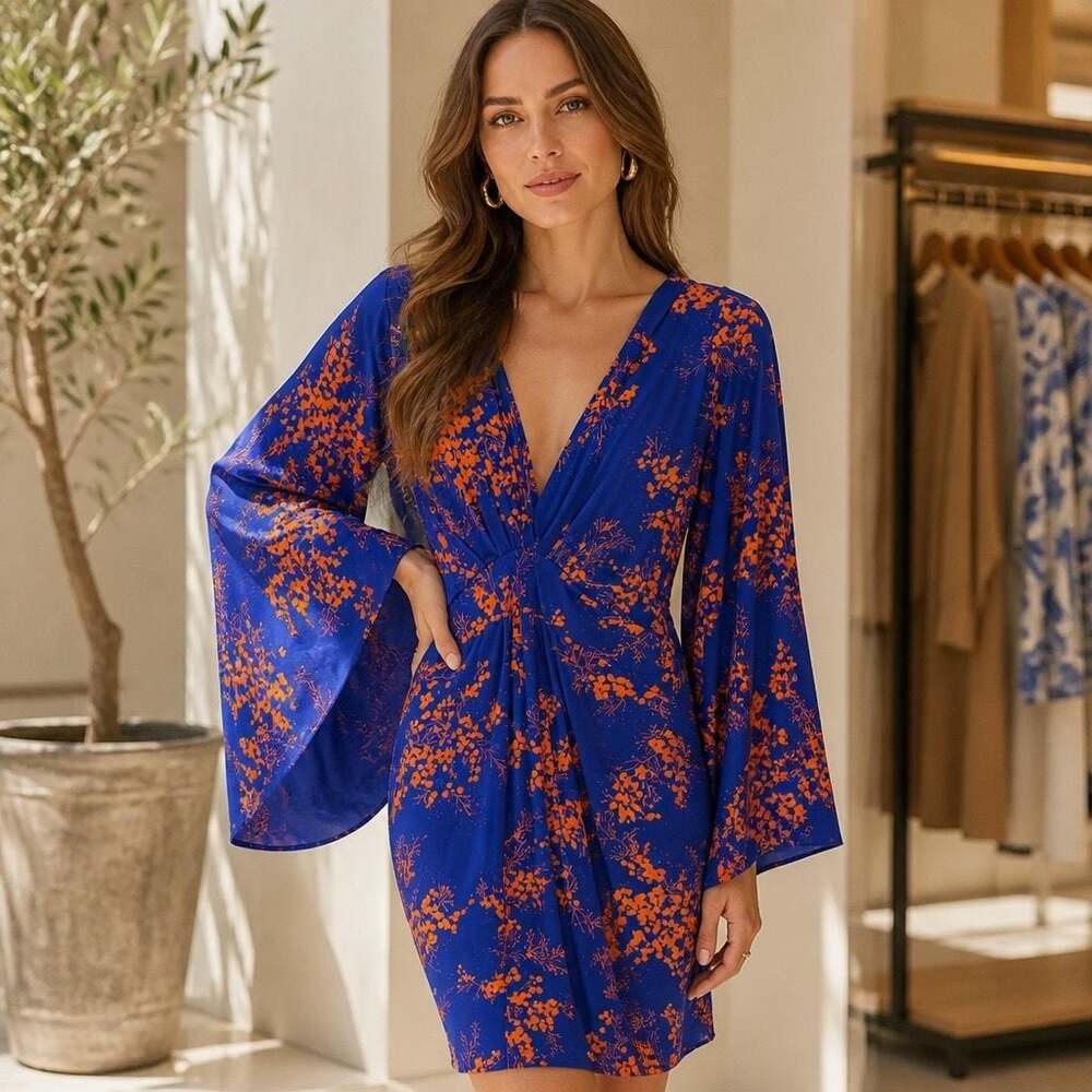 T-Bags Los Angeles Blue and Orange Floral V-Neck Bell Sleeve Mini Dress